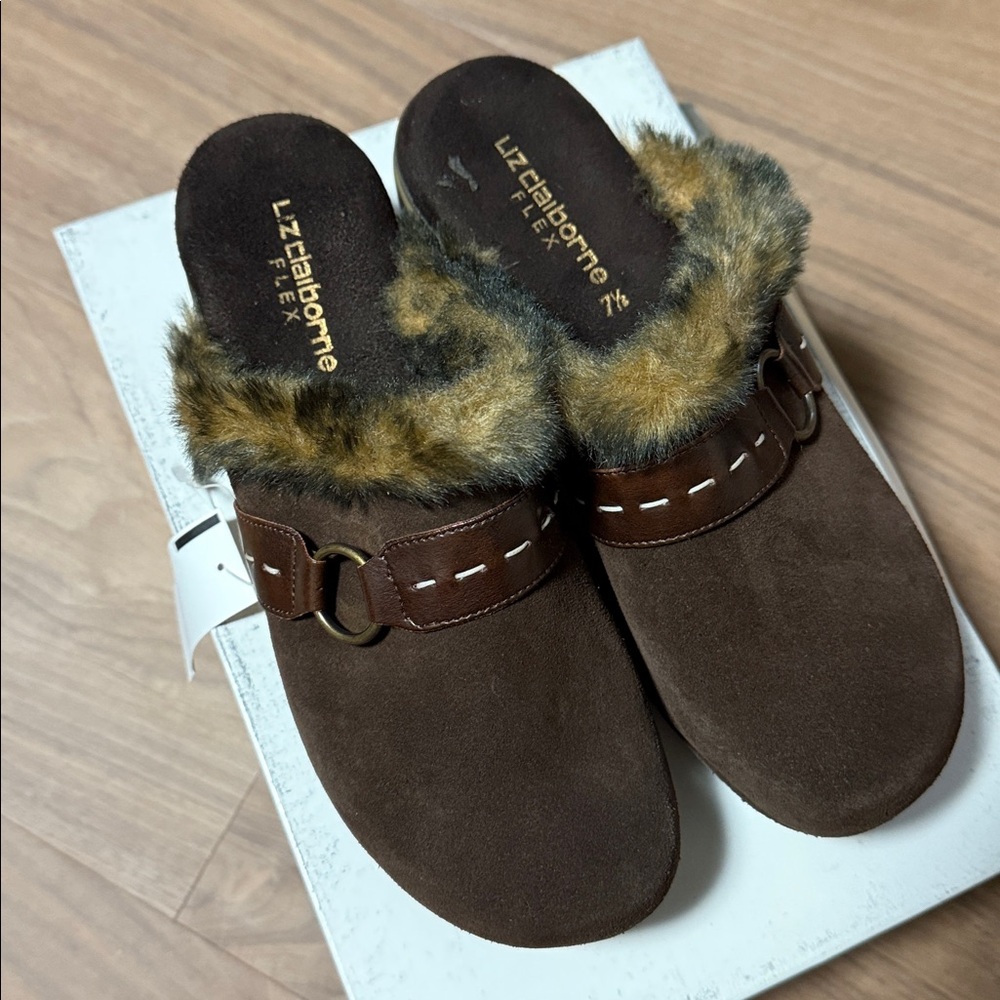 Liz Claiborne Dark Brown Suede Clogs with Faux Fur